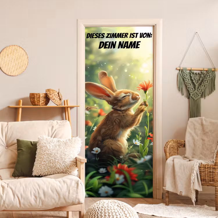 Süßer Hase mit Blume und Namensfeld. deurposter klein -sfeer2