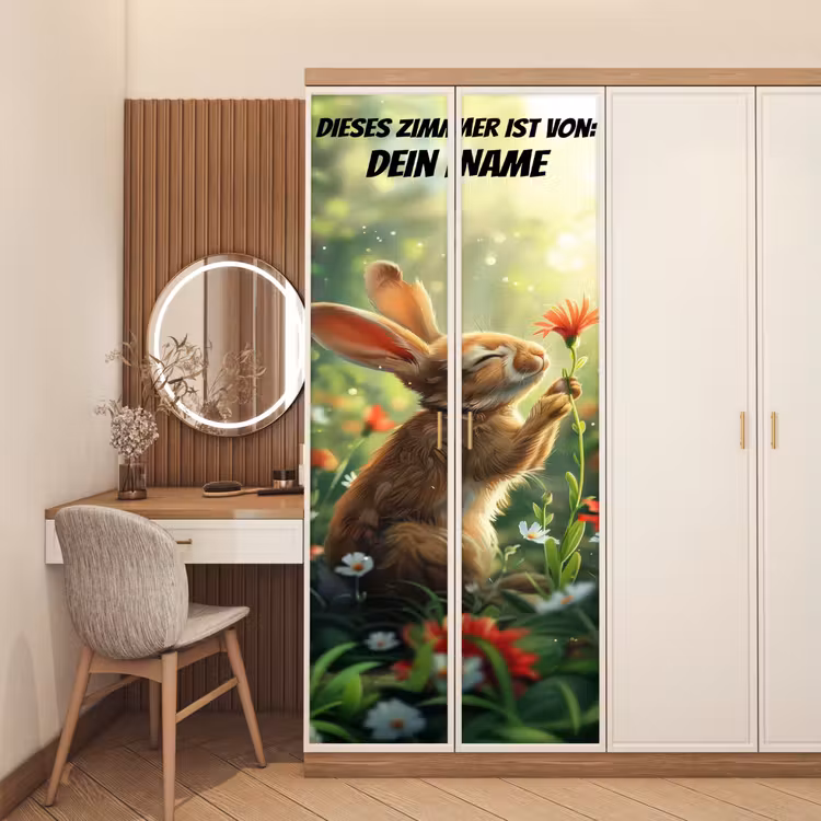 Süßer Hase mit Blume und Namensfeld. deurposter klein -sfeer3