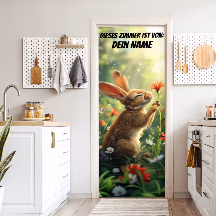 Süßer Hase mit Blume und Namensfeld. deurposter klein -sfeer5