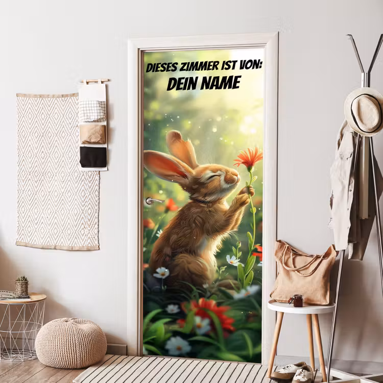 Süßer Hase mit Blume und Namensfeld. deurposter klein -sfeer6