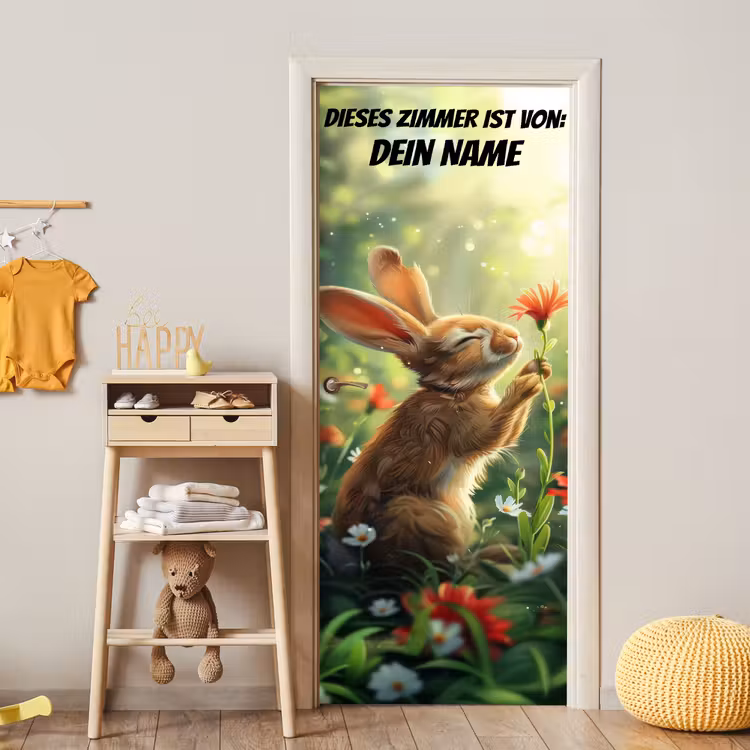 Süßer Hase mit Blume und Namensfeld. deurposter klein -sfeer4