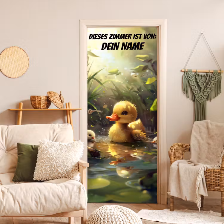 Süßes Entenküken im Wasser mit Namensfeld. deurposter klein -sfeer2