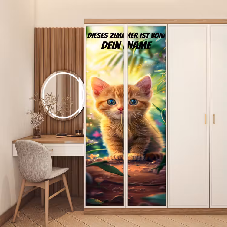 Süßes Kätzchen im Sonnenlicht mit Namensfeld. deurposter klein -sfeer3