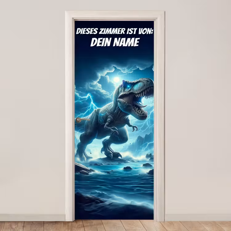 T-Rex im Sturm mit Namensfeld. deurposter klein -3d_beige