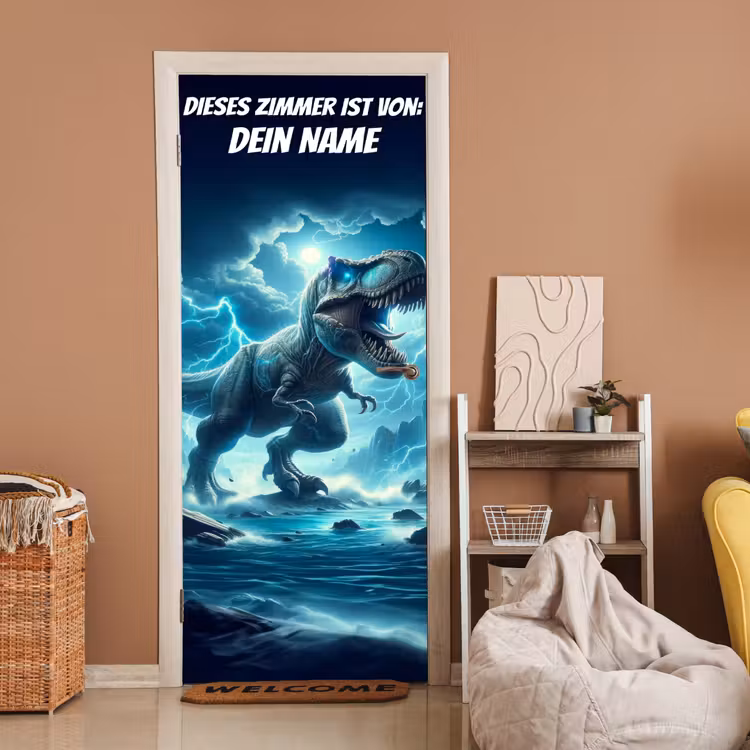 T-Rex im Sturm mit Namensfeld. deurposter klein -sfeer1