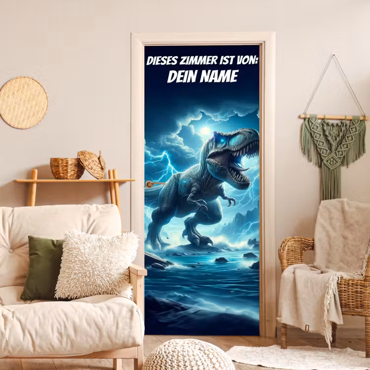 T-Rex im Sturm mit Namensfeld. deurposter klein -sfeer2