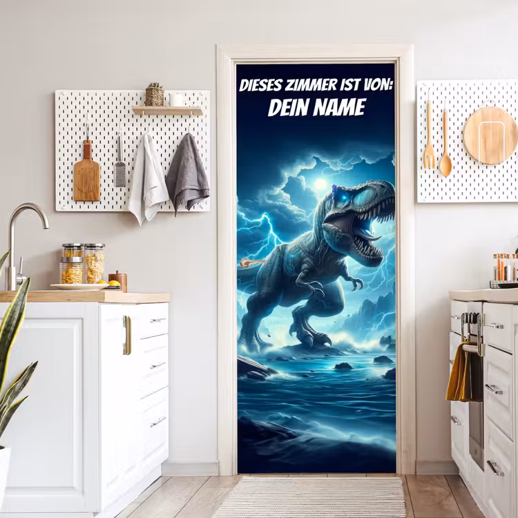 T-Rex im Sturm mit Namensfeld. deurposter klein -sfeer5