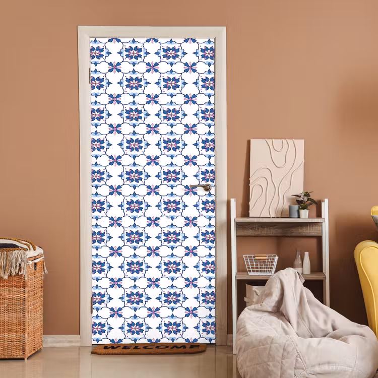Modern - Patroon - Blauw - Roze deurposter klein 289 -sfeer1