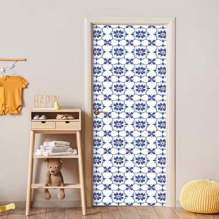 Modern - Patroon - Blauw - Roze deurposter klein 289 -sfeer4
