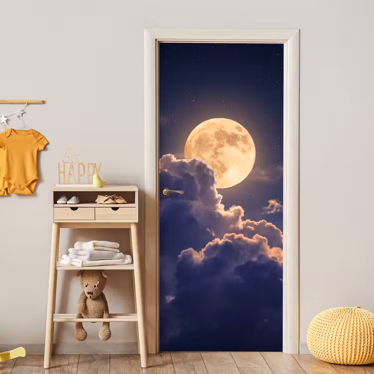 Maan - Wolken - Nacht - Oranje deurposter klein -sfeer4