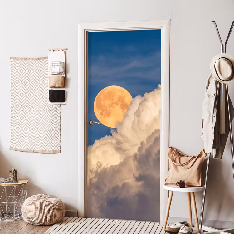 Maan - Wolken - Natuur - Oranje deurposter klein -sfeer6