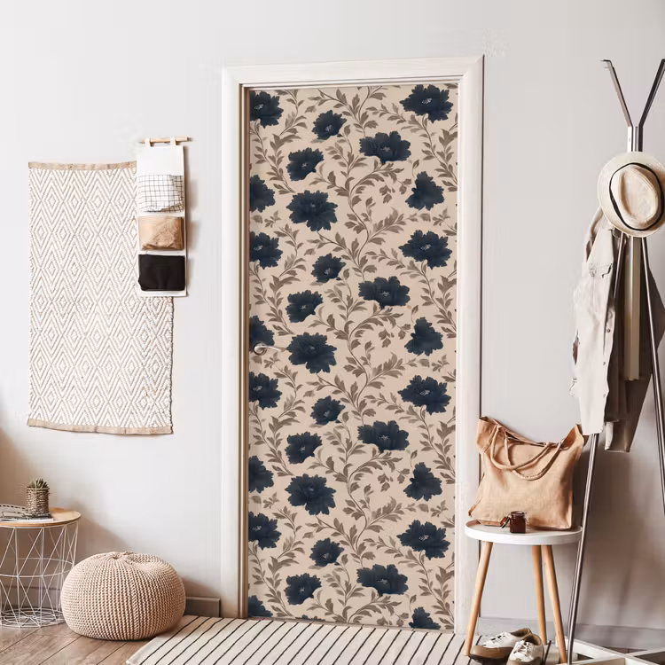 Motief - Bloemen - Zwart - Beige deurposter klein 289 -sfeer6