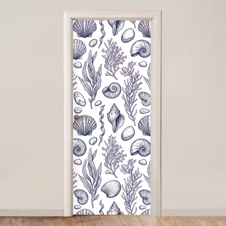 Schelpen - Zeewier - Oceaan - Illustratie - Blauw deurposter klein -3d_beige