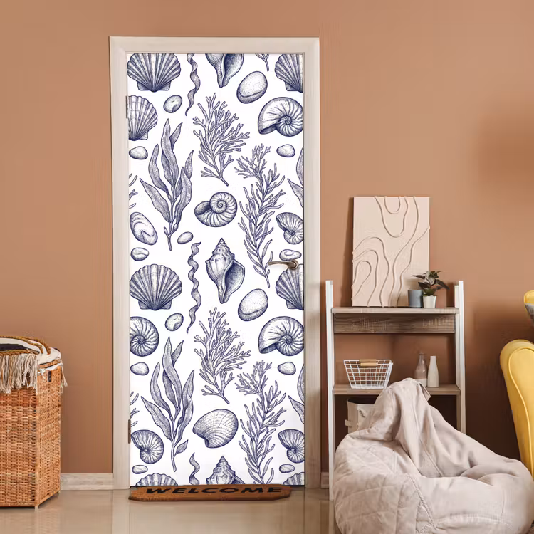 Schelpen - Zeewier - Oceaan - Illustratie - Blauw deurposter klein -sfeer1