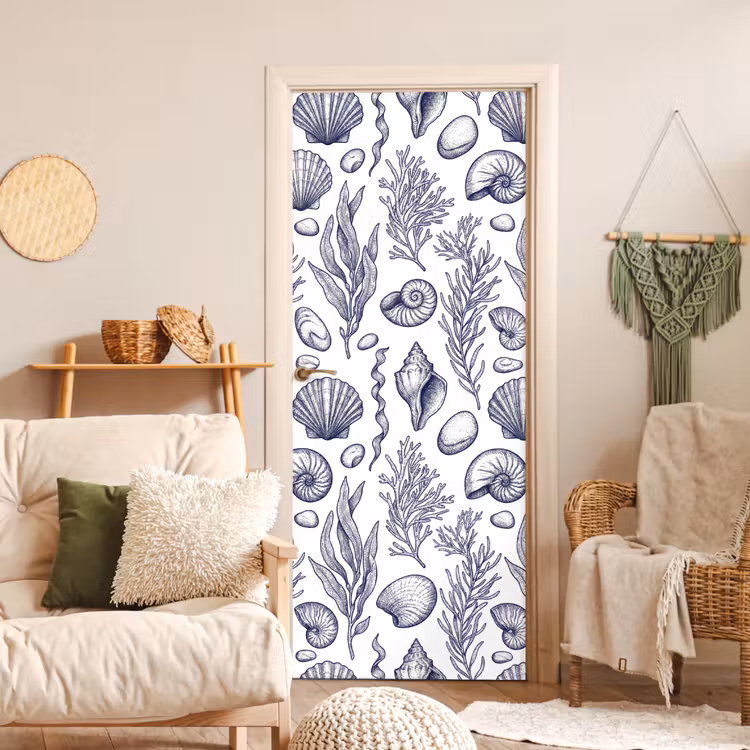 Schelpen - Zeewier - Oceaan - Illustratie - Blauw deurposter klein -sfeer2