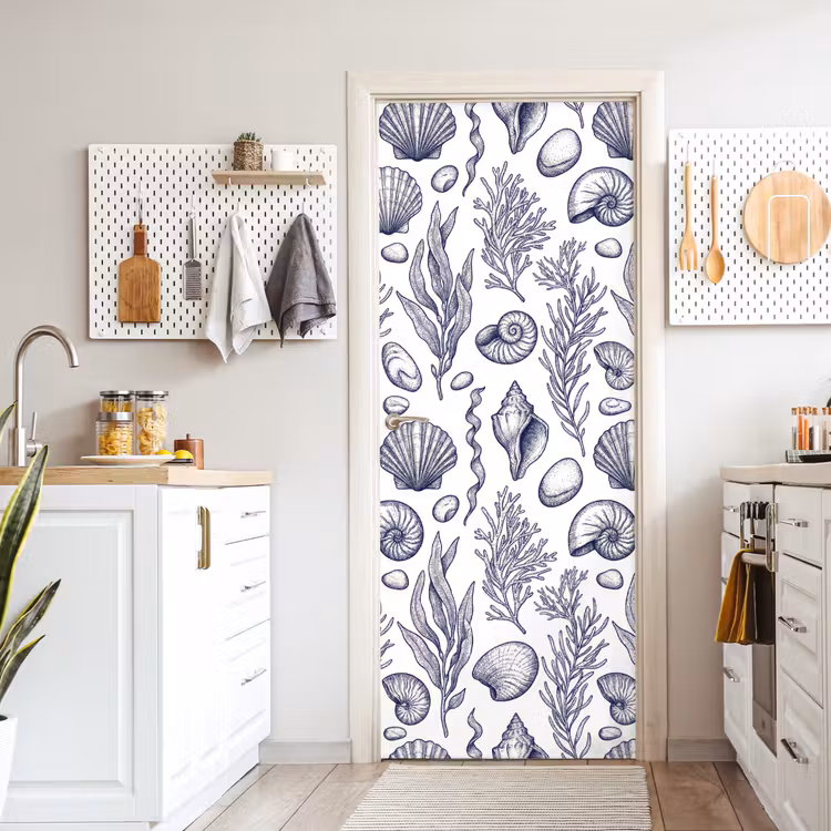 Schelpen - Zeewier - Oceaan - Illustratie - Blauw deurposter klein -sfeer5