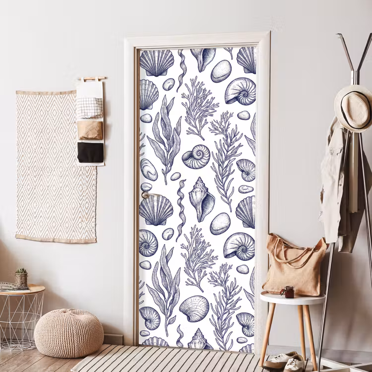 Schelpen - Zeewier - Oceaan - Illustratie - Blauw deurposter klein -sfeer6