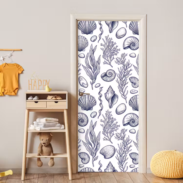 Schelpen - Zeewier - Oceaan - Illustratie - Blauw deurposter klein -sfeer4