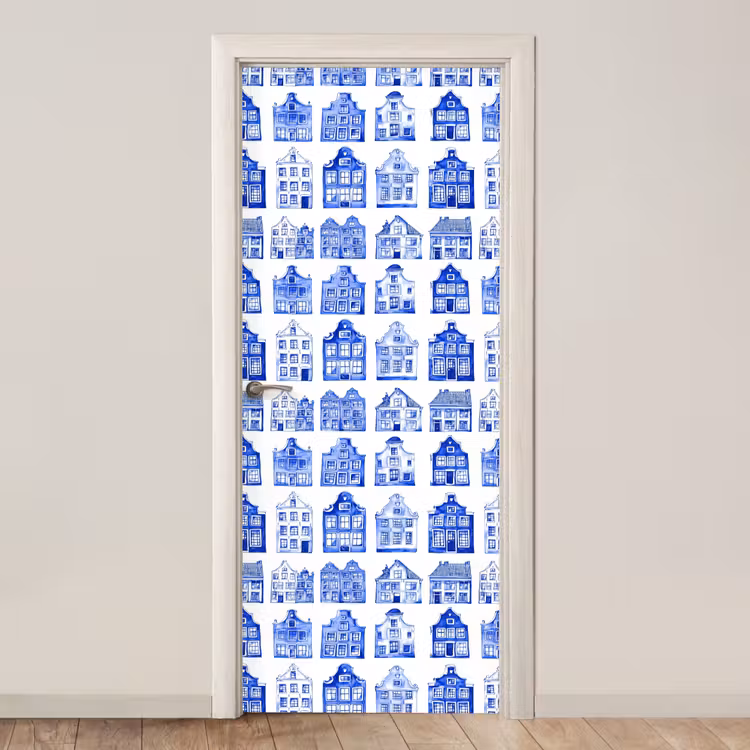 Patroon - Huizen - Blauw deurposter klein 289 -3d_beige