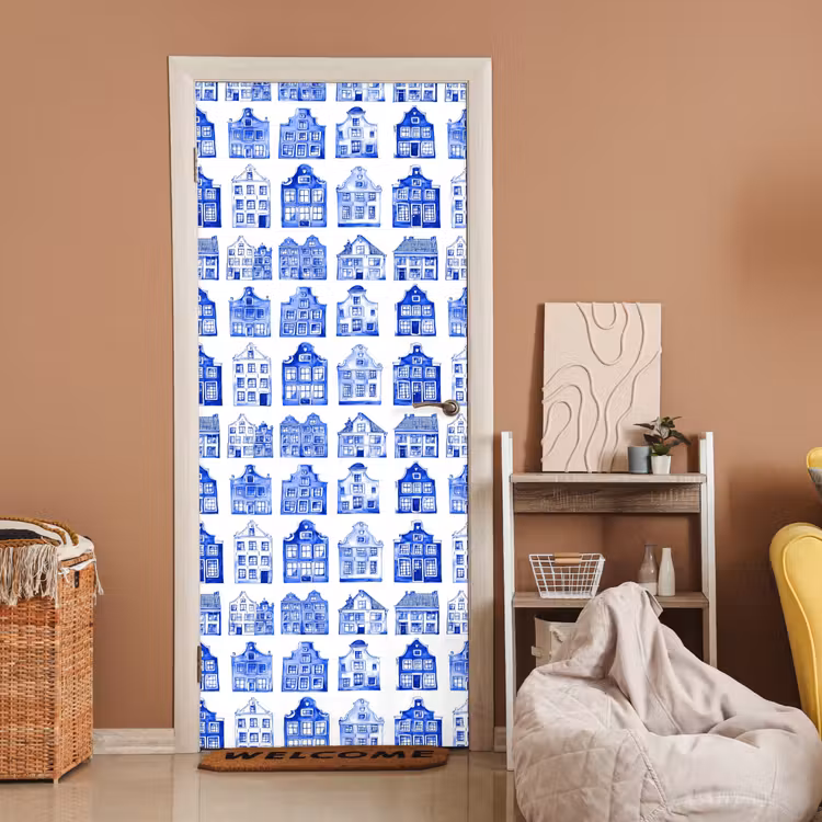 Patroon - Huizen - Blauw deurposter klein 289 -sfeer1