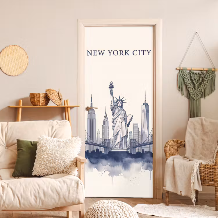 New York - Vrijheidsbeeld - Skyline - Illustratie - Blauw deurposter klein -sfeer2