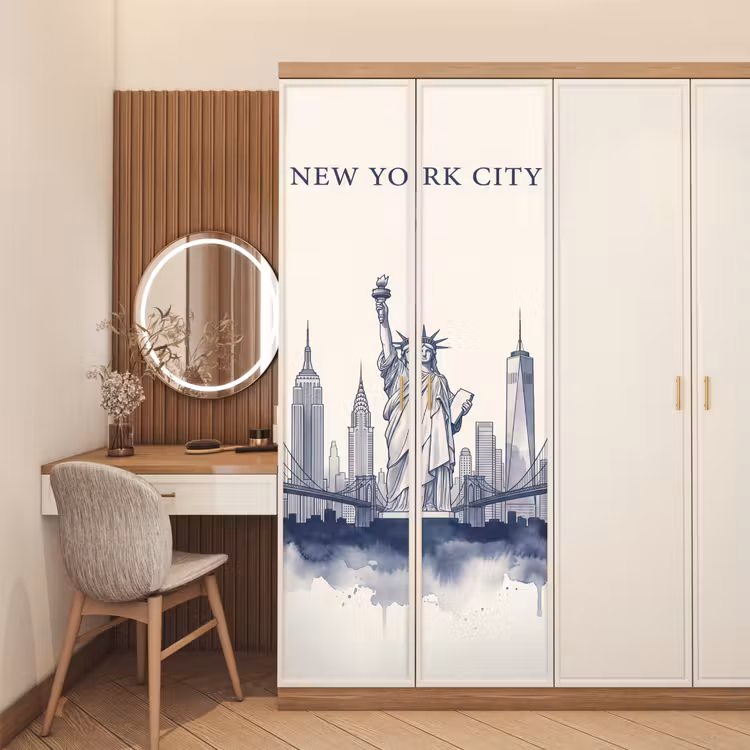 New York - Vrijheidsbeeld - Skyline - Illustratie - Blauw deurposter klein -sfeer3