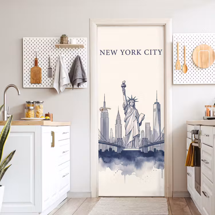 New York - Vrijheidsbeeld - Skyline - Illustratie - Blauw deurposter klein -sfeer5