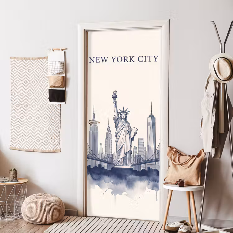 New York - Vrijheidsbeeld - Skyline - Illustratie - Blauw deurposter klein -sfeer6
