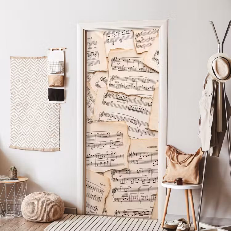 Bladmuziek - Oud - Noten - Vintage - Beige deurposter klein -sfeer6