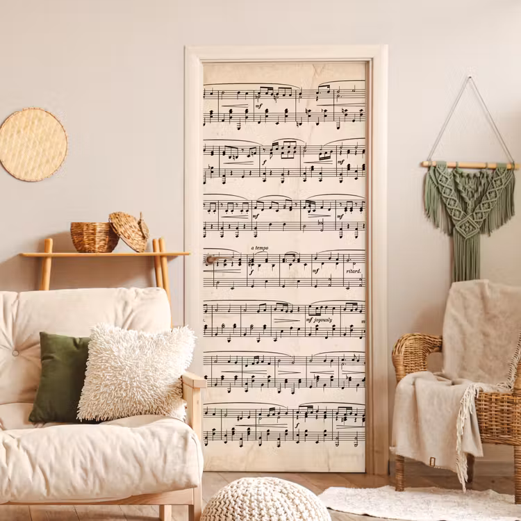 Muzieknotatie - Notenbalken - Kunst - Klassiek - Beige deurposter klein -sfeer2