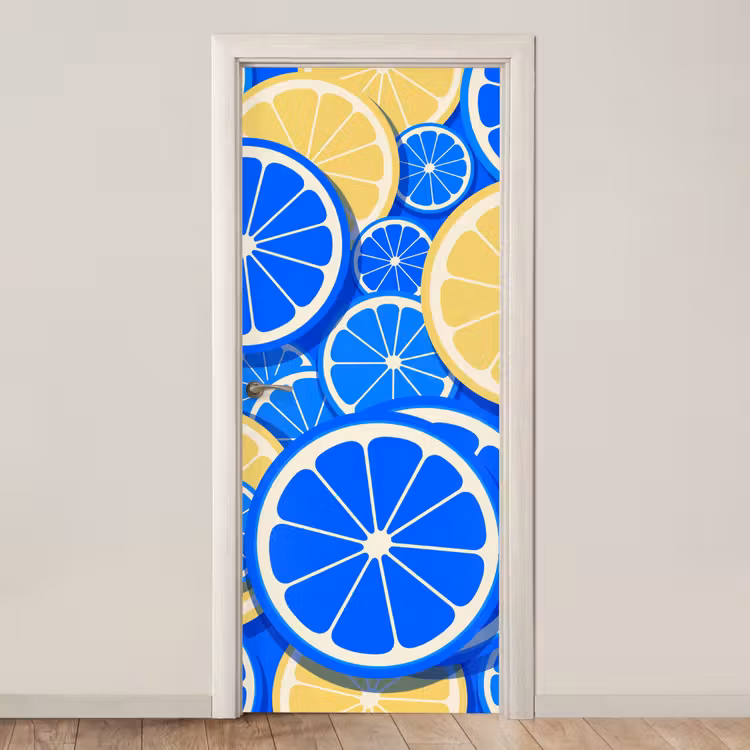 Fruit - Schijven - Patroon - Modern - Blauw - Geel deurposter klein -3d_beige