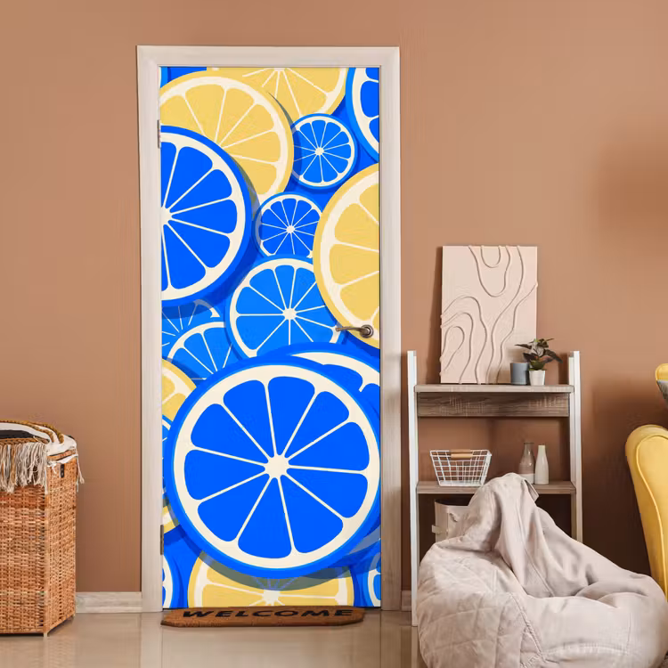 Fruit - Schijven - Patroon - Modern - Blauw - Geel deurposter klein -sfeer1