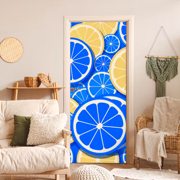 Fruit - Schijven - Patroon - Modern - Blauw - Geel deurposter klein -sfeer2