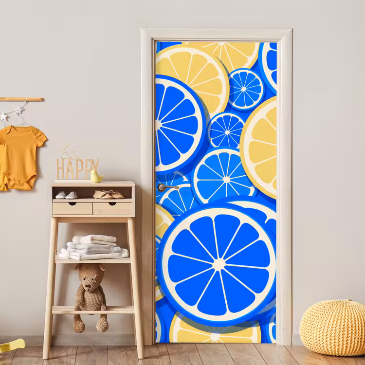 Fruit - Schijven - Patroon - Modern - Blauw - Geel deurposter klein -sfeer4