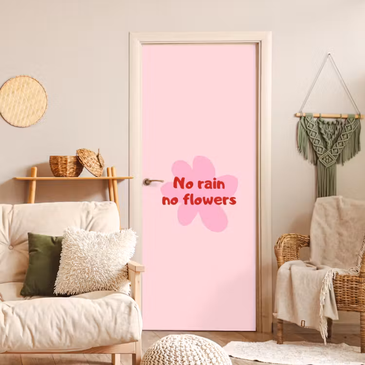 No rain no flowers - Bloem - Roze deurposter klein -sfeer2