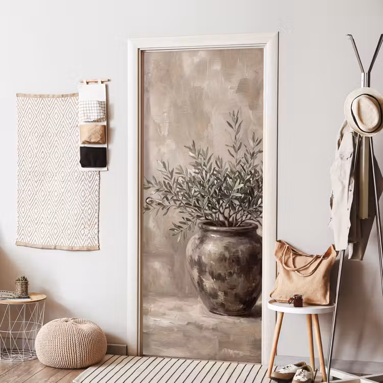 Olijfplant - Aardenpot - Abstract - Beige deurposter klein -sfeer6
