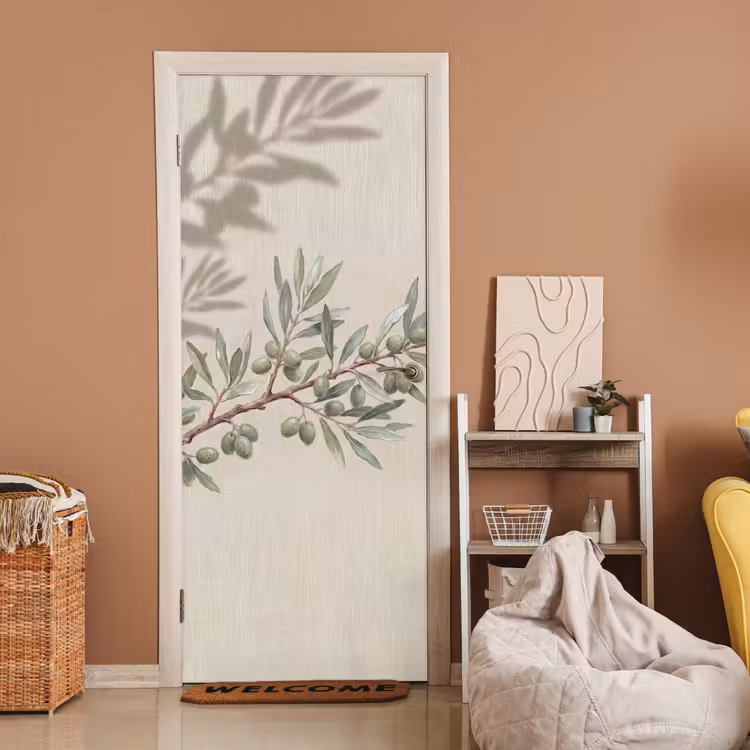 Olijftak - Bladeren - Natuur - Groen - Beige deurposter klein -sfeer1