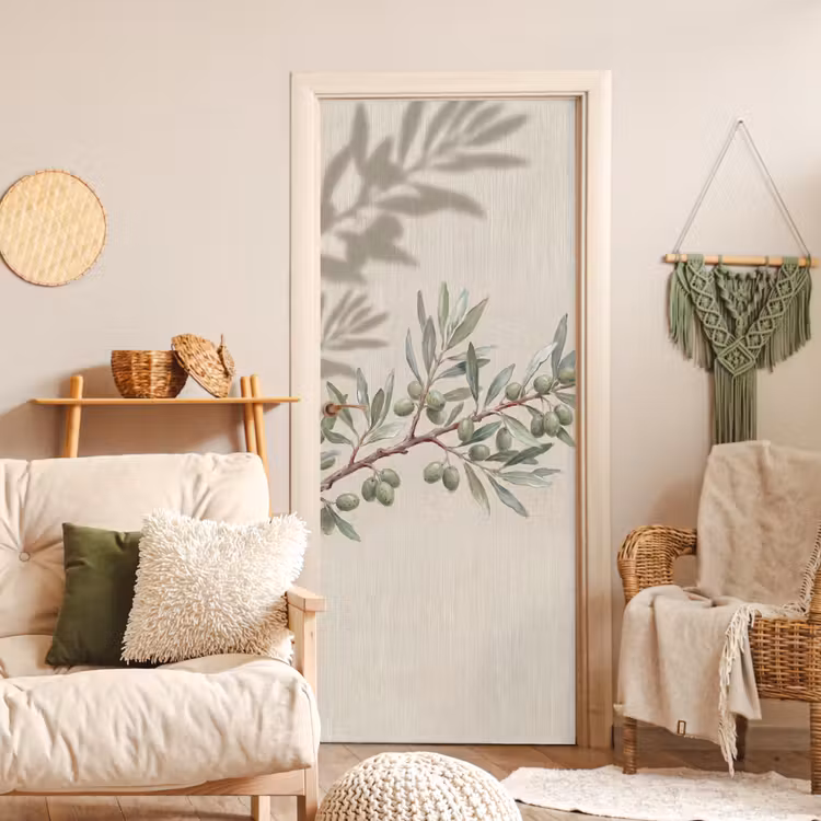 Olijftak - Bladeren - Natuur - Groen - Beige deurposter klein -sfeer2