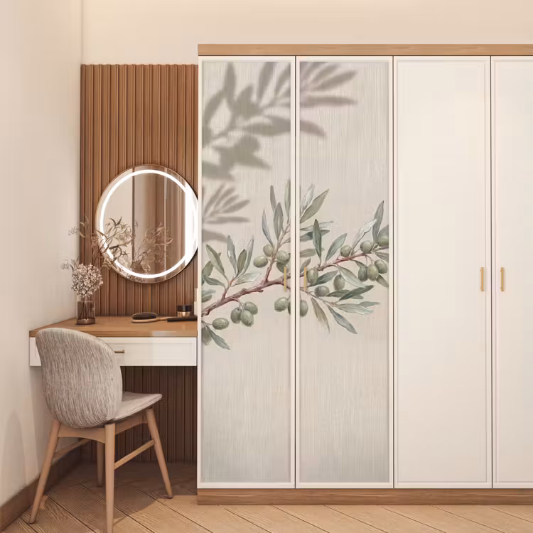 Olijftak - Bladeren - Natuur - Groen - Beige deurposter klein -sfeer3