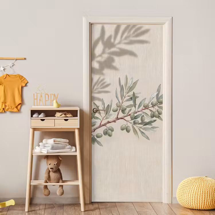 Olijftak - Bladeren - Natuur - Groen - Beige deurposter klein -sfeer4