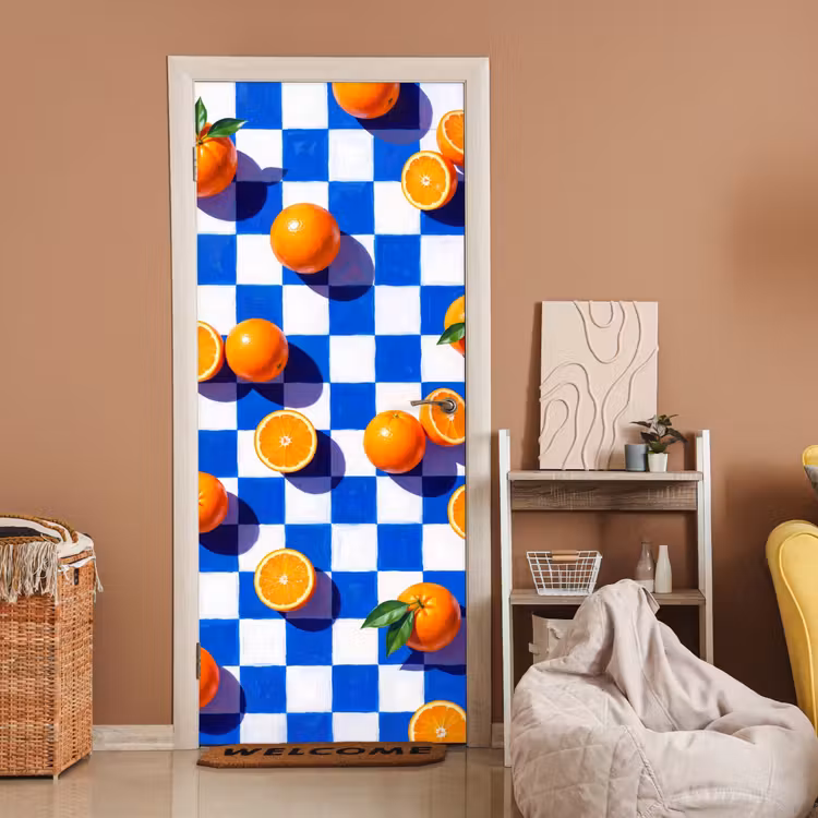 Türtapete - Orange – Kariert – Essen - Sinaasappel - Geruit - Eten deurposter klein
