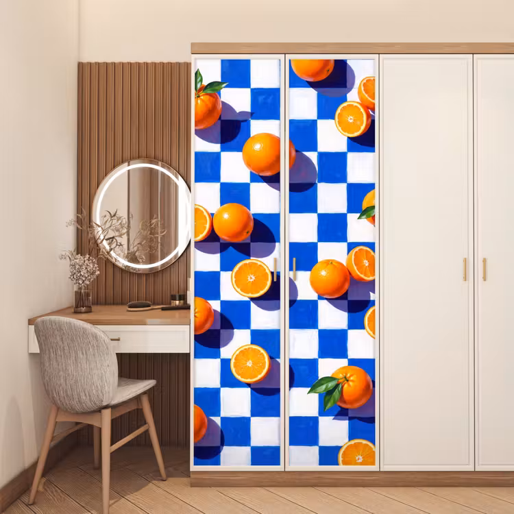 Türtapete - Orange – Kariert – Essen - Sinaasappel - Geruit - Eten deurposter klein