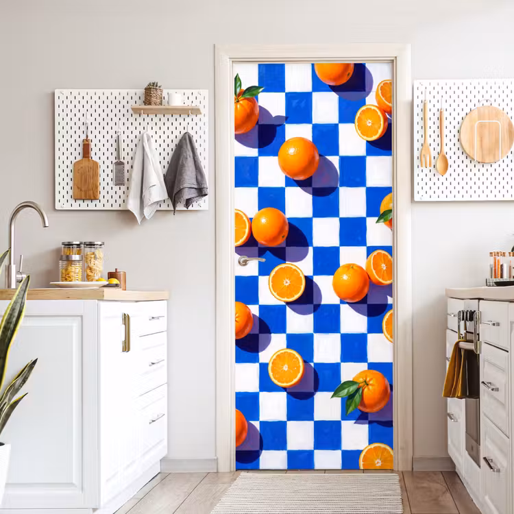 Türtapete - Orange – Kariert – Essen - Sinaasappel - Geruit - Eten deurposter klein