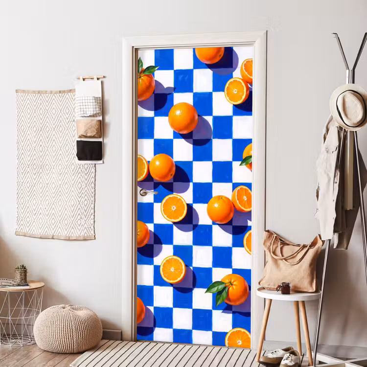 Türtapete - Orange – Kariert – Essen - Sinaasappel - Geruit - Eten deurposter klein