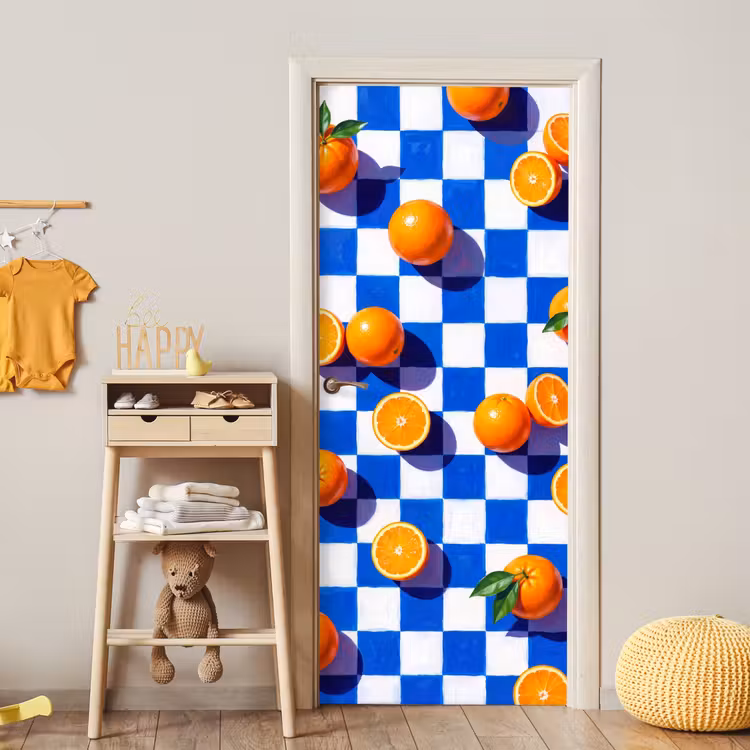 Türtapete - Orange – Kariert – Essen - Sinaasappel - Geruit - Eten deurposter klein