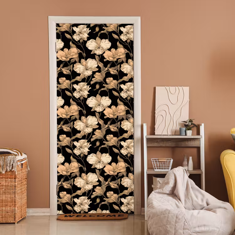 Orchideeën - Lijntekening - Patroon - Beige - Zwart deurposter klein 289 -sfeer1
