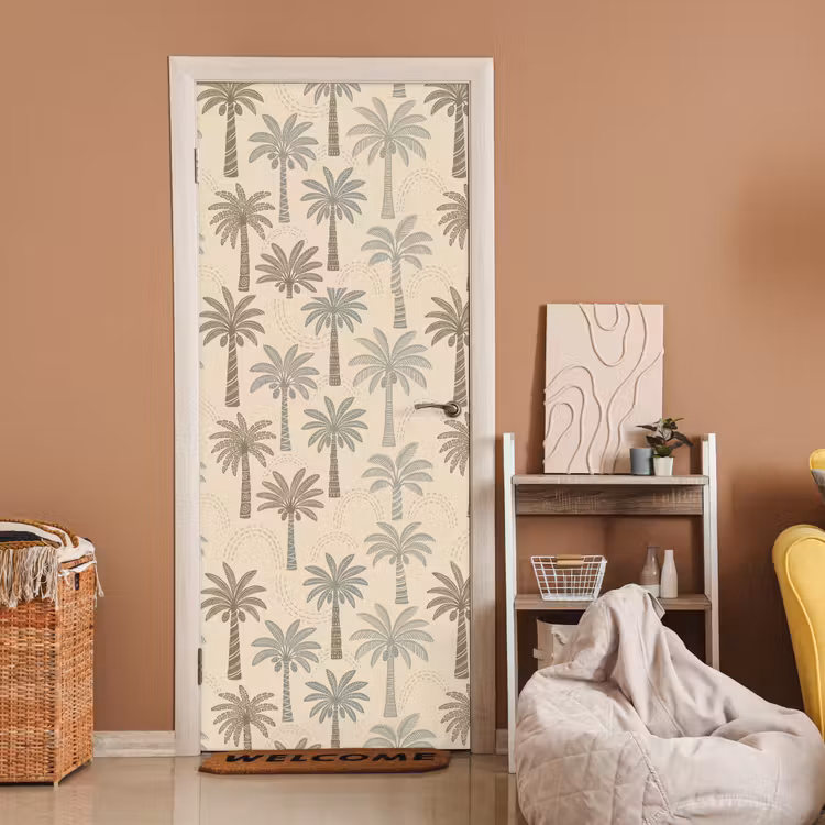 Palmbomen - Patroon - Tropisch - Beige deurposter klein -sfeer1