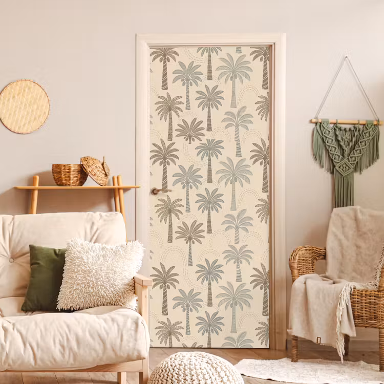Palmbomen - Patroon - Tropisch - Beige deurposter klein -sfeer2