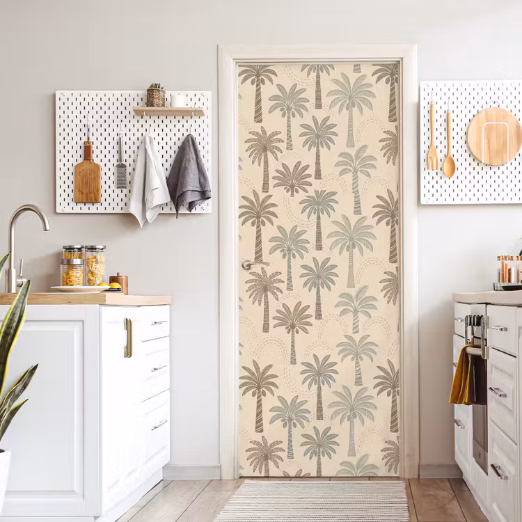 Palmbomen - Patroon - Tropisch - Beige deurposter klein -sfeer5