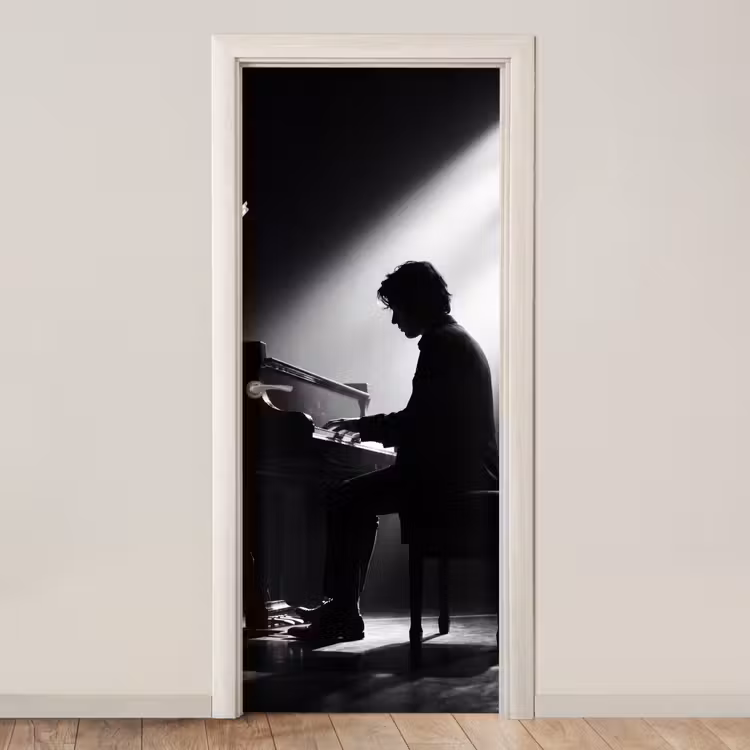 Persoon - Piano - Muziek - Zwart-wit - Podium deurposter klein -3d_beige